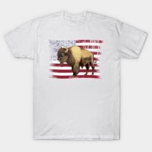 Buffalo Bison American Flag Art T-Shirt